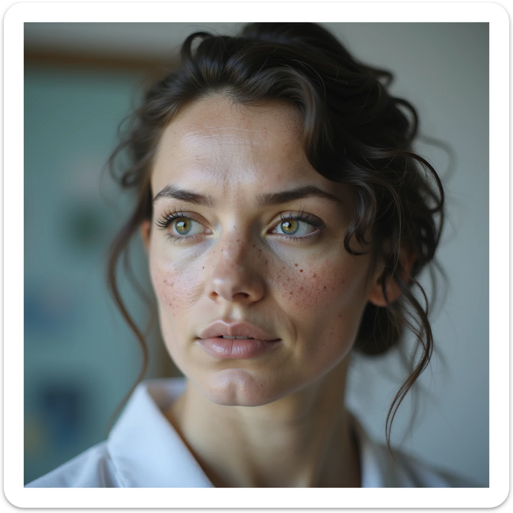realistic woman with PCOS, face with acne, facial hair, thinning hair, clinical atmosphere, hyperrealistic 4K details sticker
