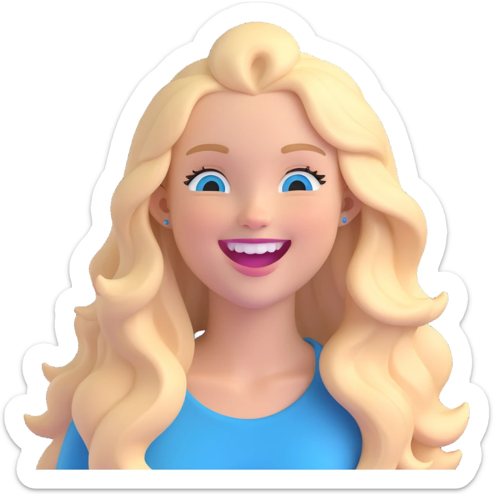 3D emoji of a white girl with long blonde hair, blue eyes, laughing sticker