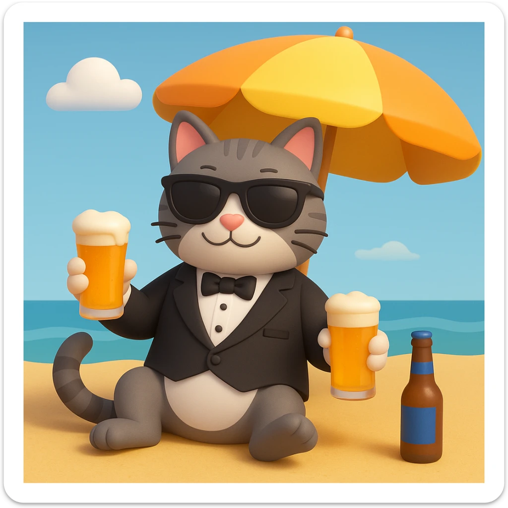 Add sunglasses to the cat in a tuxedo drinking beer on the beach in 3D emoji style, microsoft style 3d fluent emoji look with smooth shading and depth. sticker