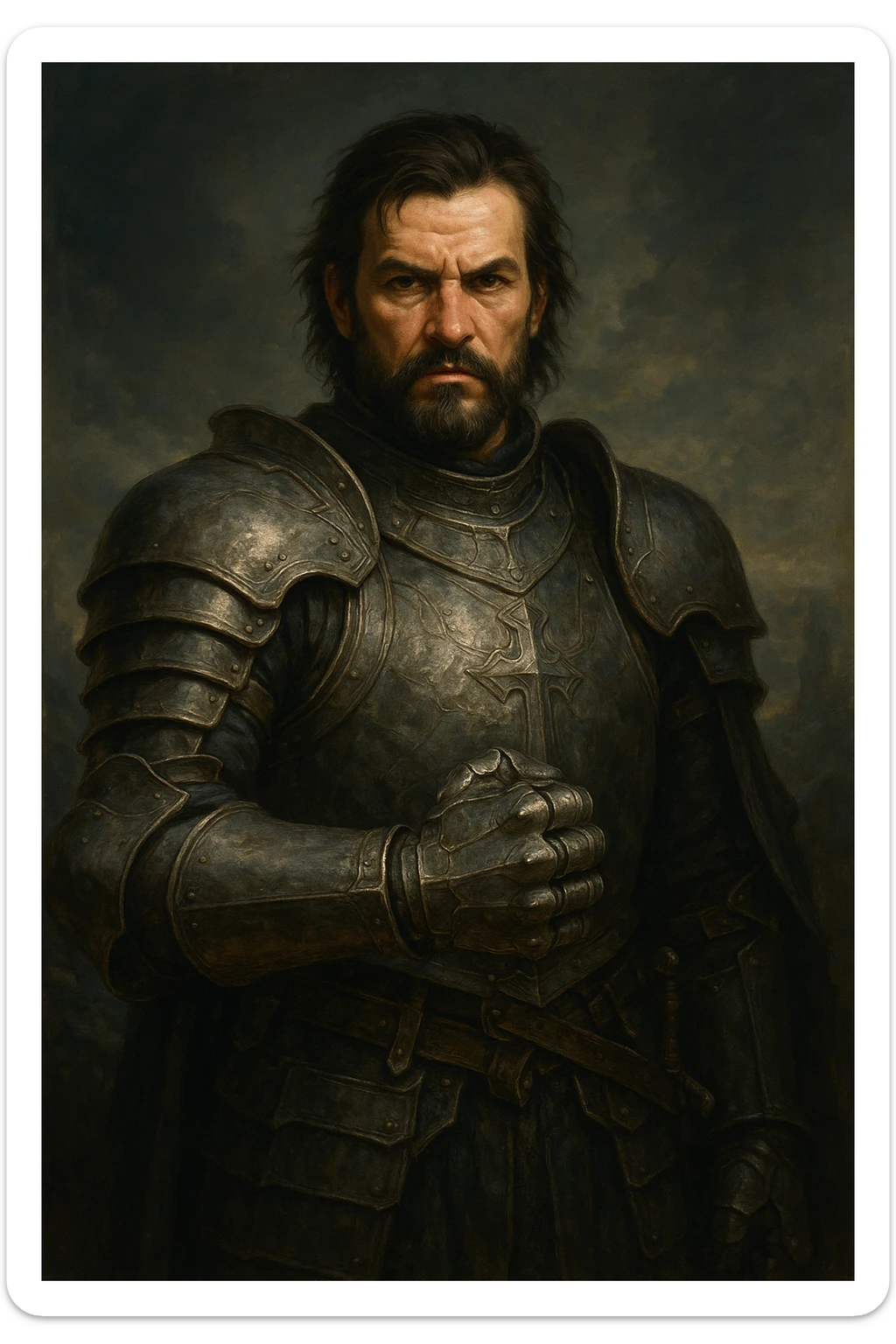 Alexandr Iron Fist, medieval knight with a metal gauntlet, powerful and stoic, fantasy art sticker