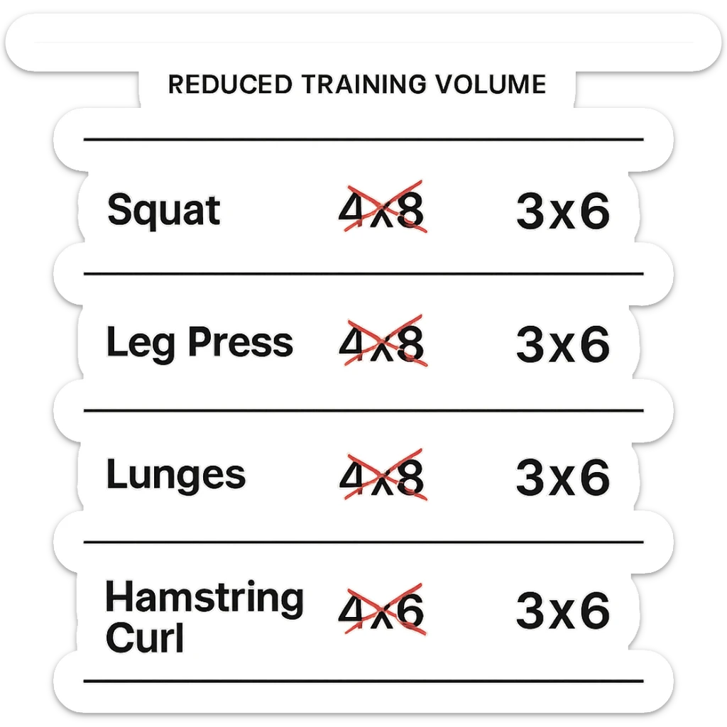 scheda di allenamento gambe con volume di allenamento ridotto (fai alcuni esercizi con 4x8 scritti in precedenza sbarrati in rosso e la correzione accanto tipo 3x6), scrivila al meglio che puoi sticker