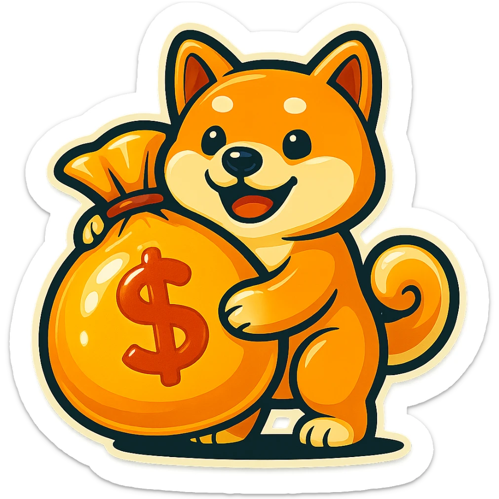 Make the bag of money much bigger while keeping the Shiba Inu and the retro stickers style the same, with no background. sticker