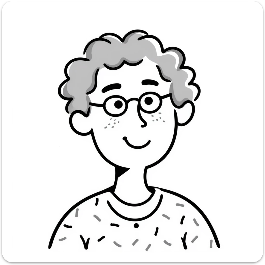 sketch of a smiling elderly Caucasian woman, grey curly hair, glasses sticker