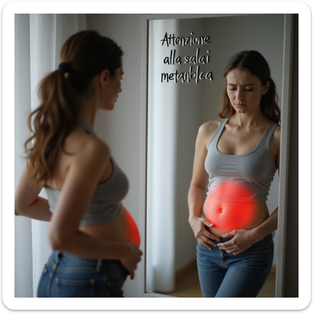 realistic adult woman with PCOS, modern clothing, looking at mirror and touching her abdomen with worried expression, red halo highlighting abdominal area, text on mirror in Italian: 'Attenzione alla salute metabolica', 4K quality sticker