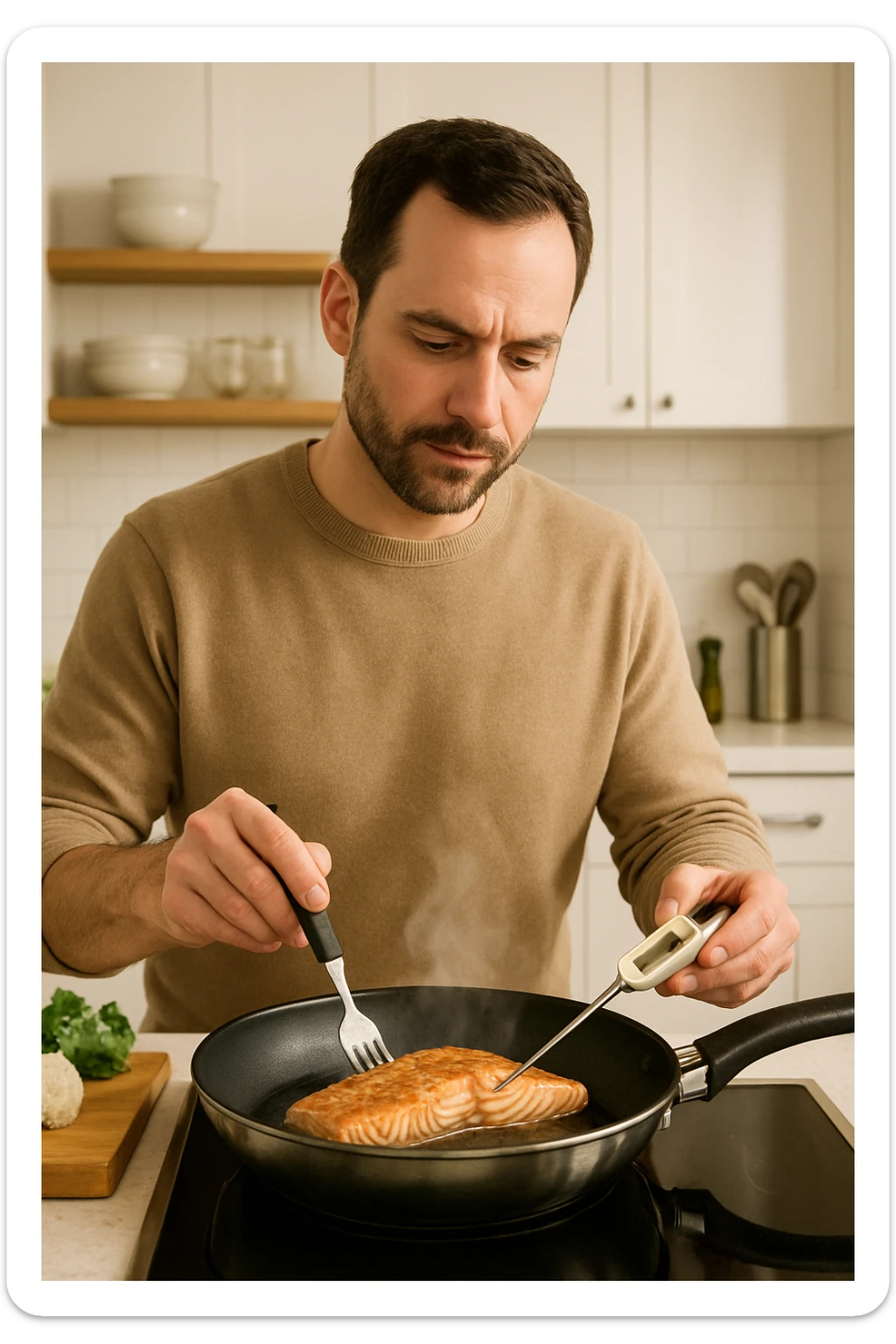 Uomo tra i 30 e i 45 anni in cucina moderna, concentrato mentre cucina un filetto di salmone fresco in padella. Si vede il vapore che sale, la superficie del salmone dorata e ben cotta. L’uomo usa utensili puliti, termometro da cucina nella mano sinistra per controllare la temperatura interna. Sullo sfondo, atmosfera luminosa e pulita, messaggio visivo implicito di sicurezza alimentare e buona pratica. Stile realistico e rassicurante, colori caldi e tono domestico. sticker