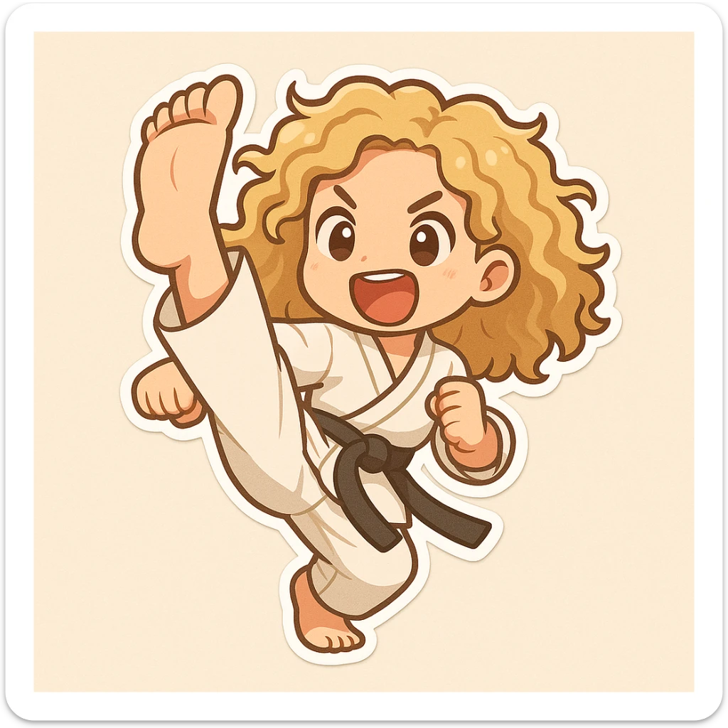 Full length shot of a blonde curly haired woman doing a karate kick, cartoon emoji style with a simple background, in chibi stickers style. sticker