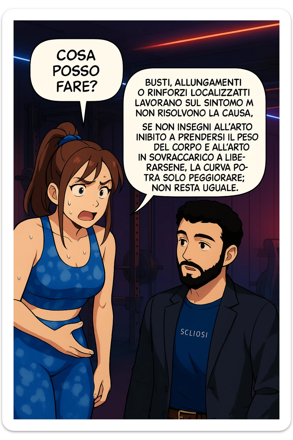 ispirati a questo stile di disegno e fai questa immagine in versione manga/webtoon a colori, il manga mostra la donna preoccupata che chiede: "COSA POSSO FARE?" E L'UOMO CHE RISPONDE: Busti, allungamenti o rinforzi localizzati lavorano sul sintomo ma non risolvono la causa. Se non insegni all’arto inibito a prendersi il peso del corpo e all’arto in sovraccarico a liberarsene, la curva potrà solo peggiorare; non resta uguale. Commenta con scoliosi e ti mando un esempio del lavoro da fare per recuperare simmetria ed eliminare il dolore. sticker