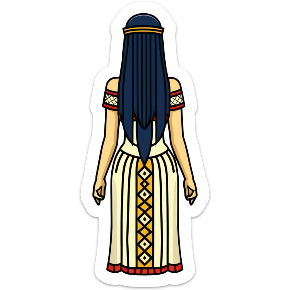 back view of Anunnaki goddess Inanna with straight long black hair and ancient Sumerian symbols embroidered on her ceremonial dress sticker