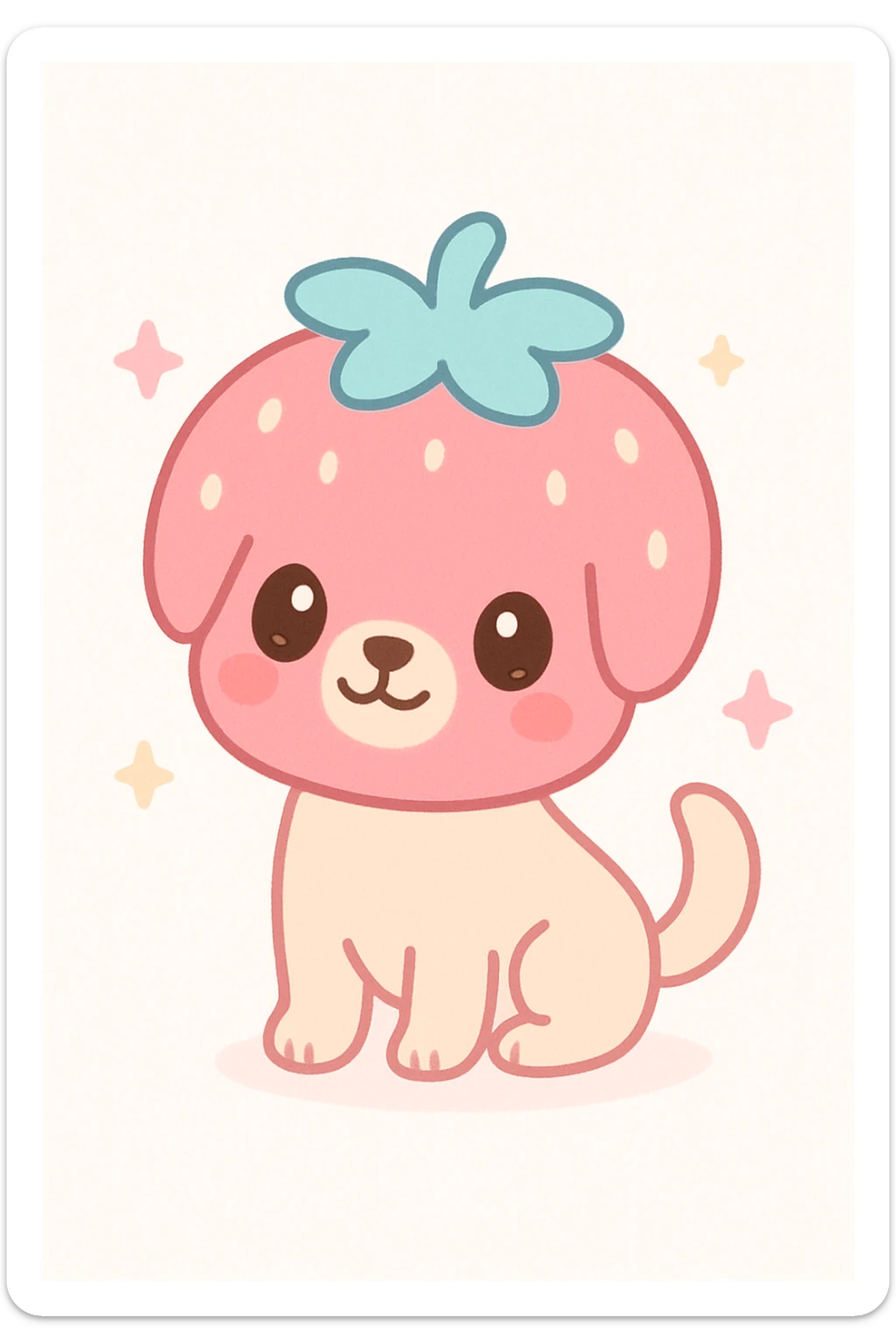 strawberry dog with dog body and strawberry as head, big eyes, adorable expression, kawaii style, minimal background sticker