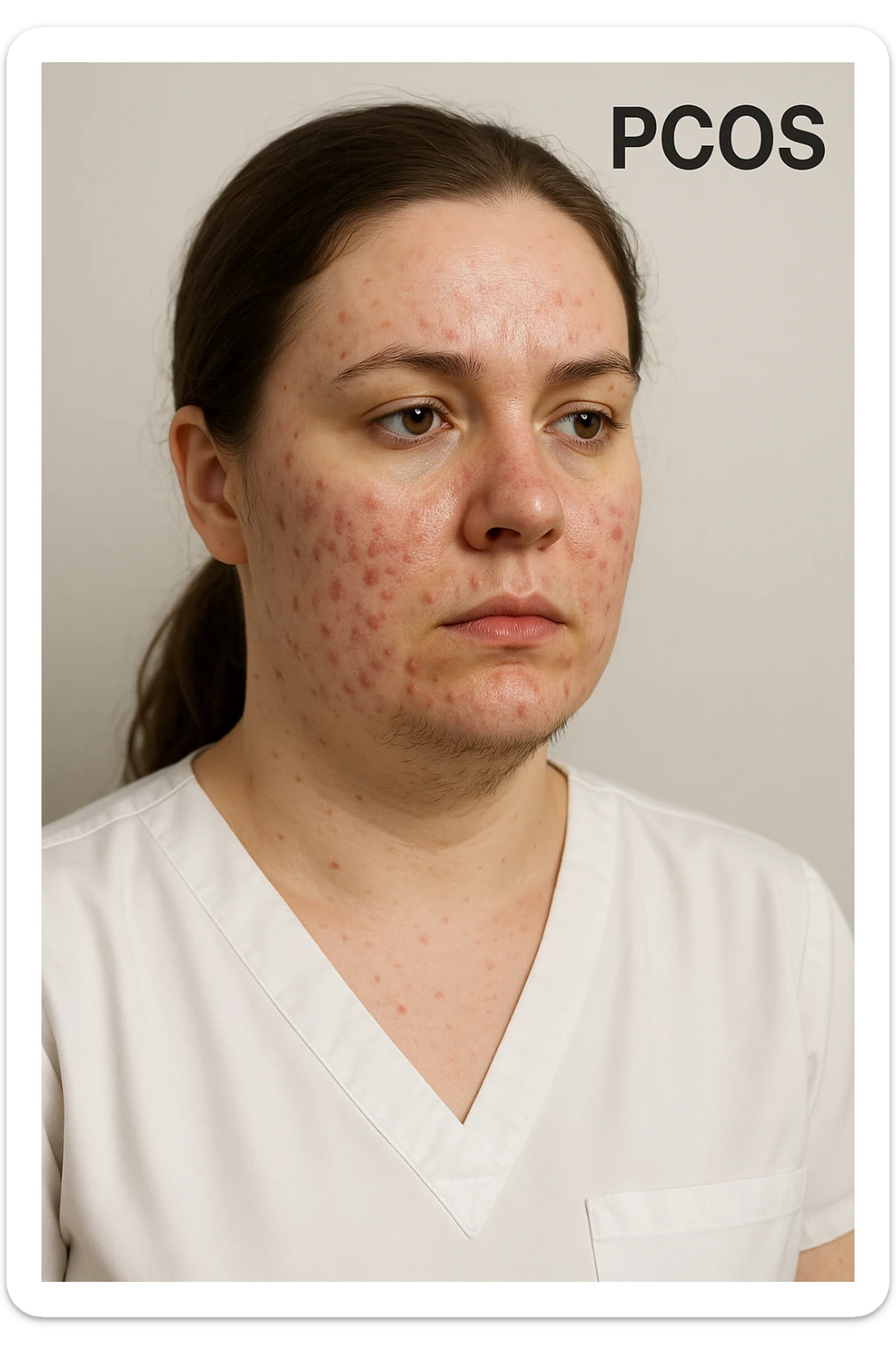 very realistic 3D medical image of a woman with PCOS showing acne on face and hair under chin, clinical details, neutral background, medical appearance, aspect ratio 2:3 sticker