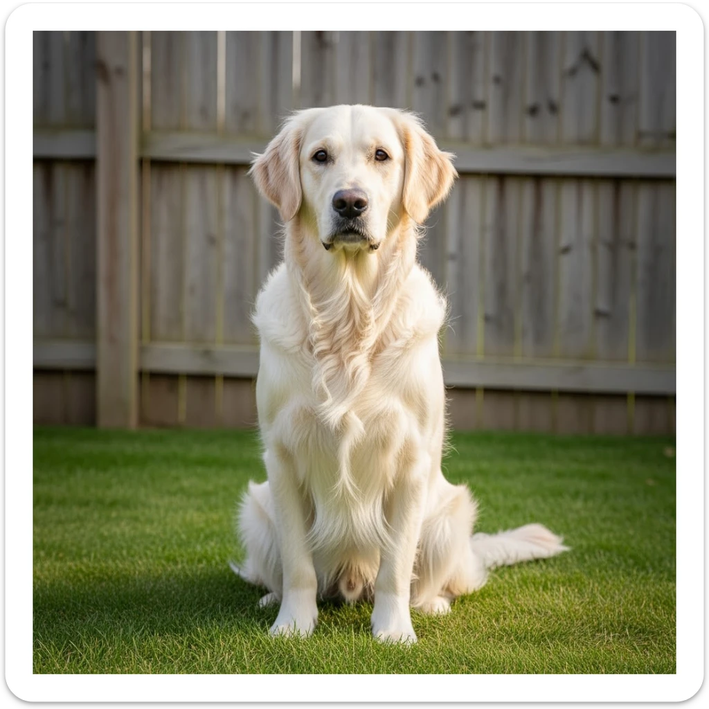 adult english cream golden retriever sitting on grass, facing camera, fence in the background sticker