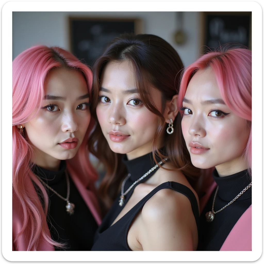 photorealistic close-up of Blackpink members, fashionable K-pop style, pink and black accents sticker