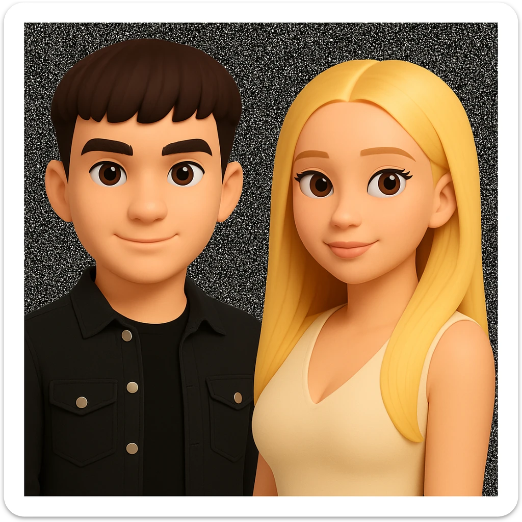 Slightly increase the volume of the upper body of the girl, separate the girl and the boy from each other, and make the skin color the same for both characters. Maintain the cartoonish 3D style in the edit. sticker
