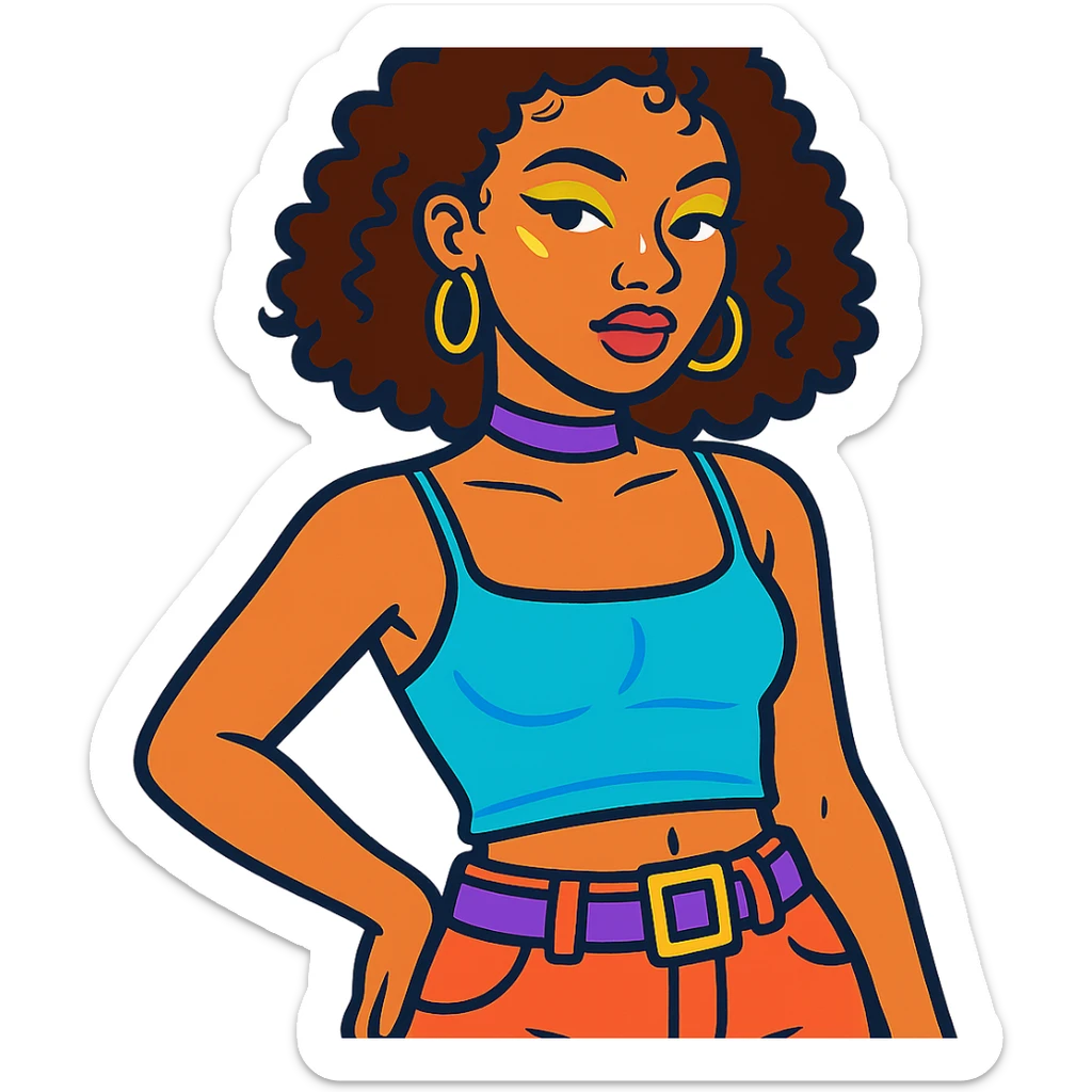 curly-haired woman with light brown skin, baby hairs, simple makeup with highlighter on eyes, cheekbone, and nose, Y2K fashion sticker
