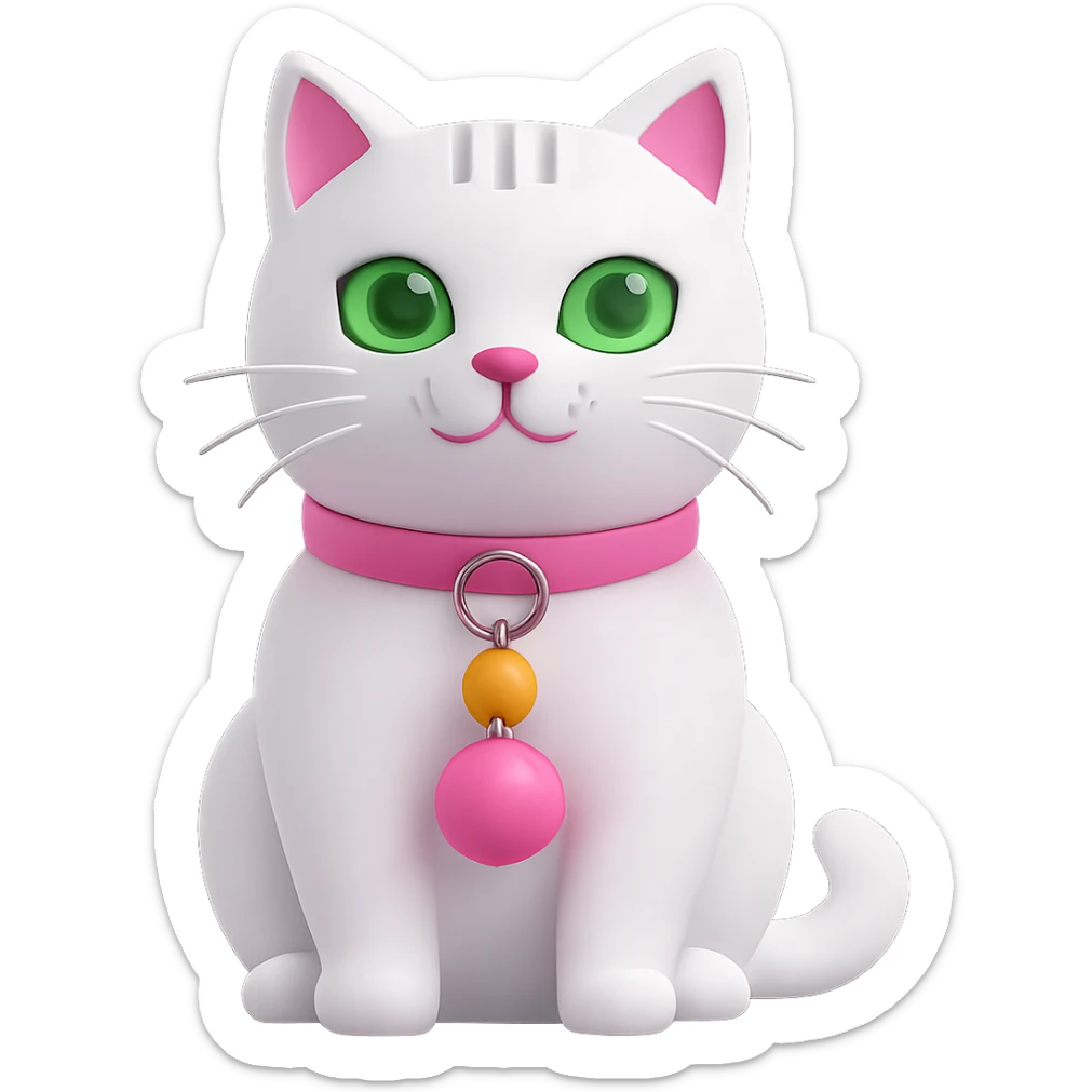 Edit the image of a white cat with a pink collar and a yellow bell on the collar. Change the cat's eyes to green. Remove the background so it is transparent. Maintain the style and details of the original image. sticker