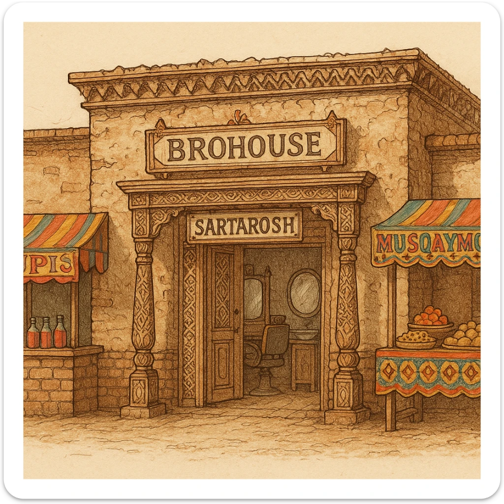 brohouse sartarosh xonasini chizib ber tashqaridan va uning yonida yupi va musqaymoq sotadigan lavkalar bulsin sticker