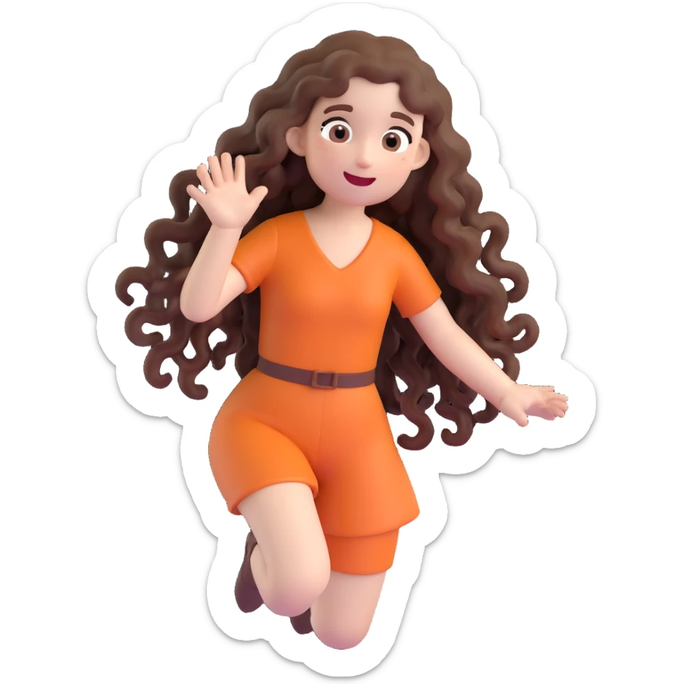 3D cartoon female character with white skin tone, long naturally curly brown hair, playful and expressive, Bitmoji-like style, suitable for emoji faces sticker