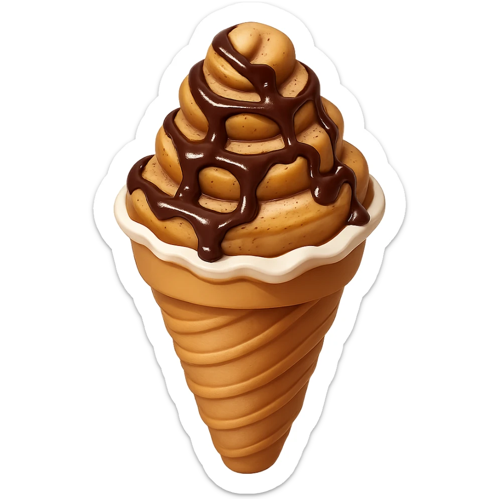 Add chocolate drizzle to the pile of churros in a paper cone. Keep the background transparent. Maintain the original style and look of the churros. sticker