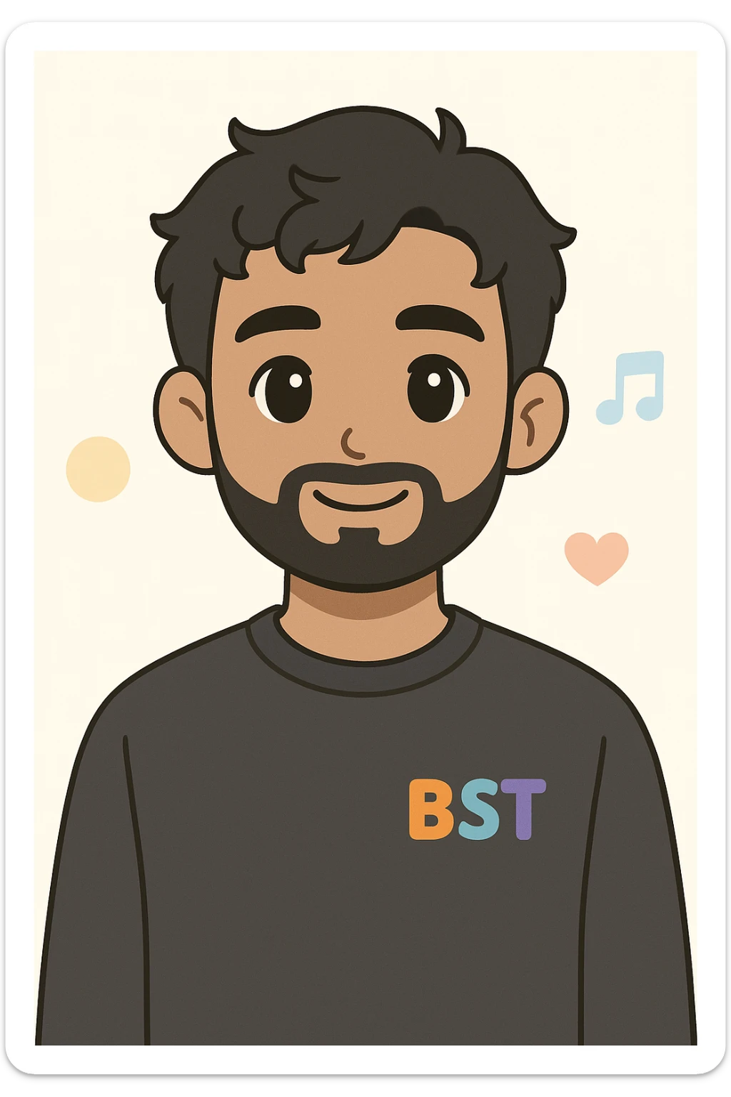 2D digital anime-style portrait of a young adult male with medium skin tone, short wavy black hair, almond-shaped black eyes, and a full beard. Wearing a plain dark grey sweatshirt with the BST logo in vibrant colors (orange, teal, purple, blue) on the left chest. Solid black background. Facing forward with a slight smile (no teeth). Soft and flat lighting, clean anime lines, smooth shading. Professional, cohesive team style. sticker