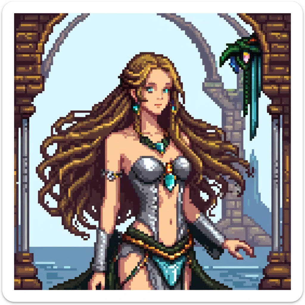 Beautiful girl with metal jewelry and long flowing hair in fantasy setting sticker