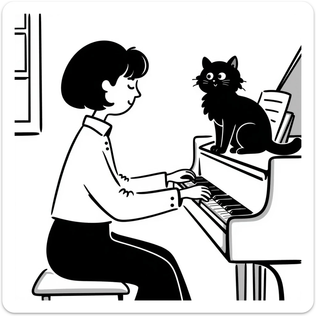woman playing piano while her cat sits on top of the piano sticker