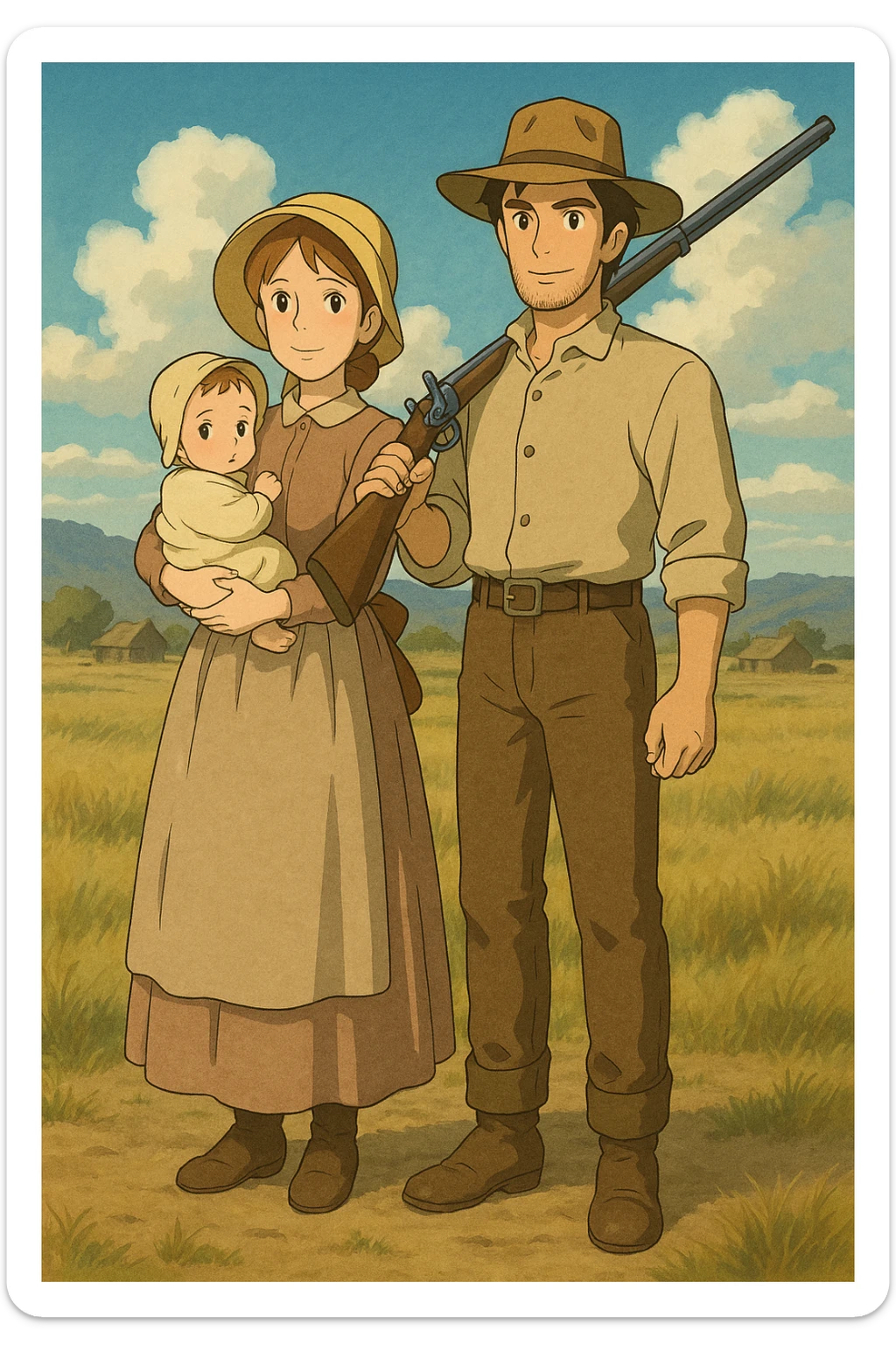 The full bodies of a young husband and wife who are pioneer settlers in the American West in the 1850s. The wife has a young child and the husband is carrying a rifle. sticker