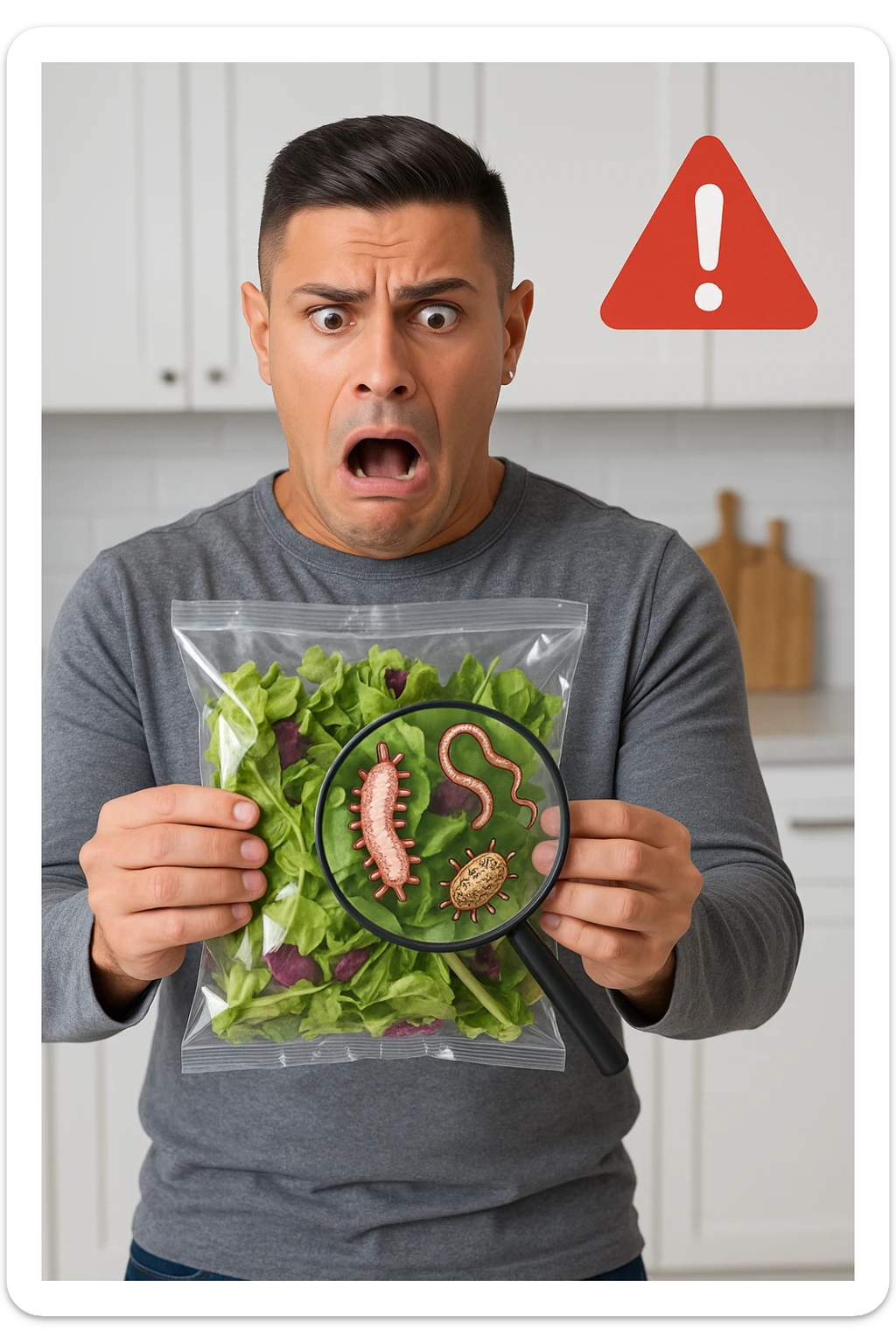 a man holds a bag of salad with both hands, his face frozen in shock as he looks at the contents. Inside the bag, exaggerated but realistic depictions of parasites and bacteria are visible, some highlighted with a magnifying glass overlay. The background is a clean kitchen, and a warning sign appears in the corner to reinforce the message about food safety. sticker
