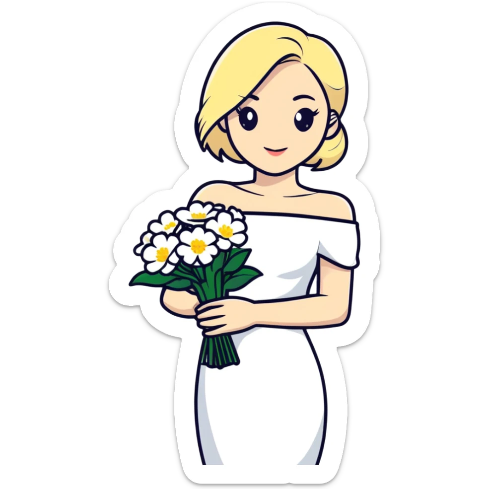 blonde woman in a white off-shoulder dress with a bouquet of white flowers in a white bag in her right hand sticker