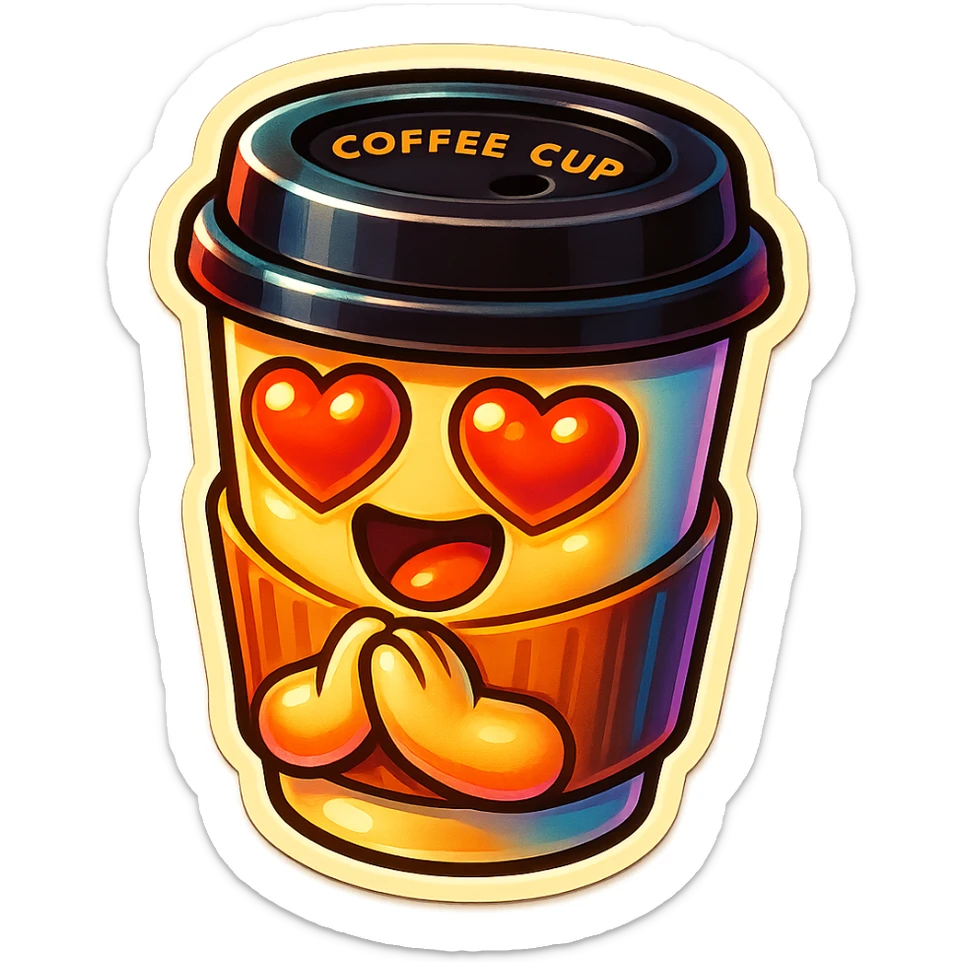 Ink wash style, coffee cup creature, big heart eyes, dopey smile sticker