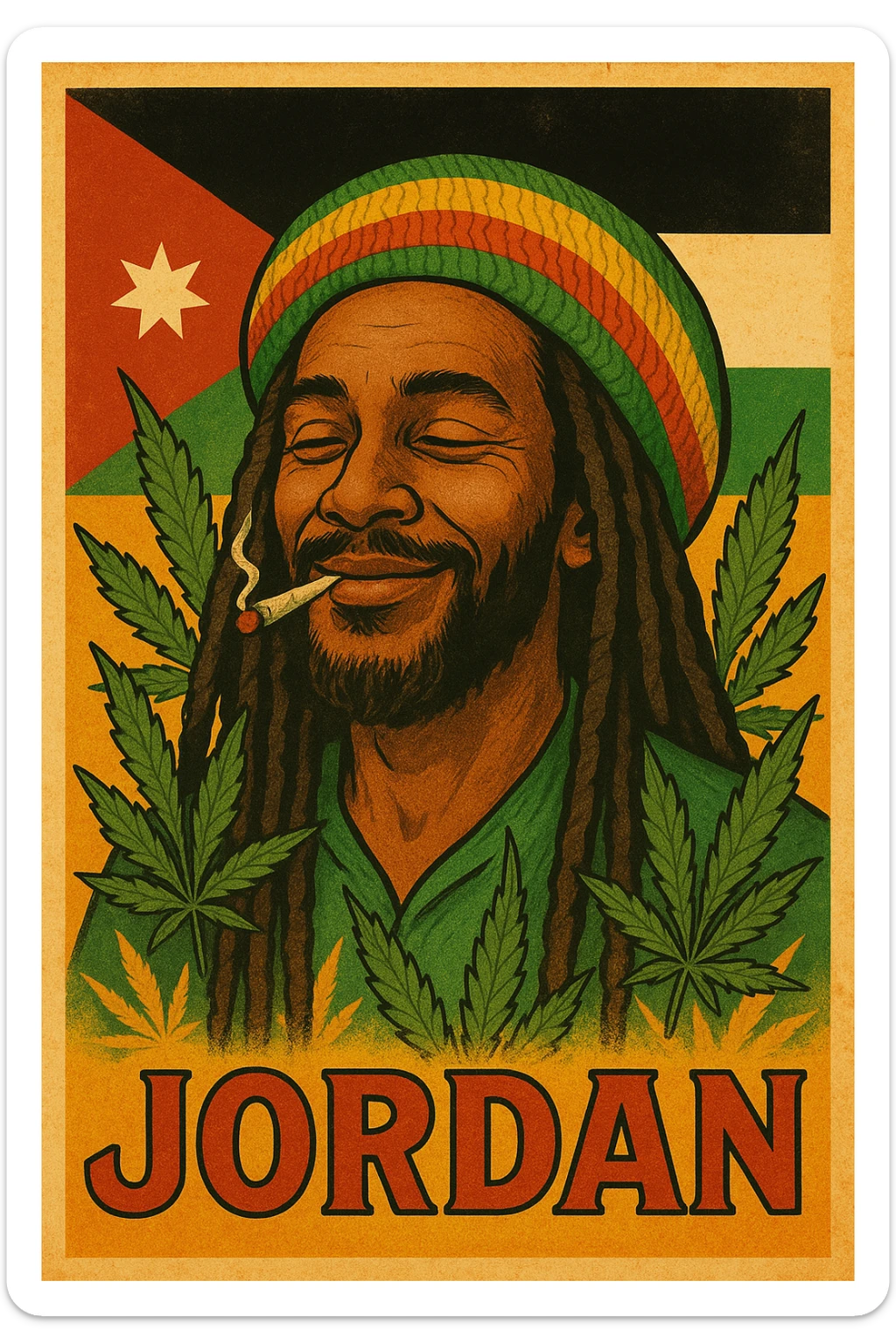 A digital vintage-style poster illustration of a Jordanian Rasta man with dreadlocks, wearing a red, yellow, green striped tam hat. He is smiling peacefully with a lit herbal spliff in his mouth. The background features the official Jordan flag — black, white, green horizontal stripes with a red triangle and a white 7-point star — accurately displayed behind him. Cannabis leaves are tastefully arranged around the composition, and the poster includes Rasta color textures blended with the Jordanian palette. Use a retro poster style with warm, slightly aged textures, bold outlines, and soft shading to evoke a soulful reggae vibe that honors both Jordanian pride and Rasta spirit. The mood is chill, powerful, and respectful sticker