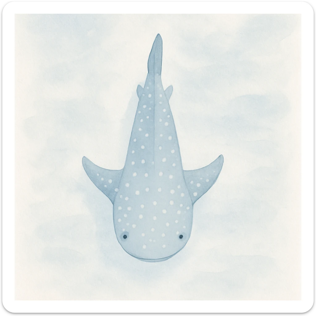 watercolor illustration of a whale shark from a bird's eye view, soft blue and gray tones, gentle expression, ocean background, artistic brushstrokes sticker
