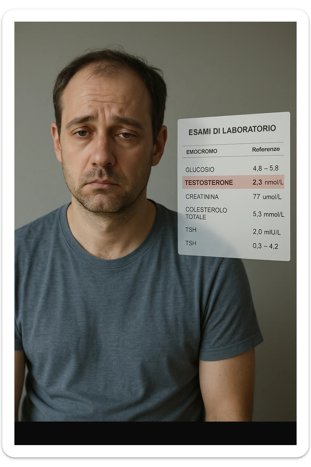 Un uomo caucasico di 35-45 anni, in CGI fotorealistico, che mostra i segni fisici ed emotivi di un basso livello di testosterone. aggiungere un referto medico semi-trasparente fluttuante accanto a lui, con valori di testosterone evidenziati in rosso. in italiano sticker