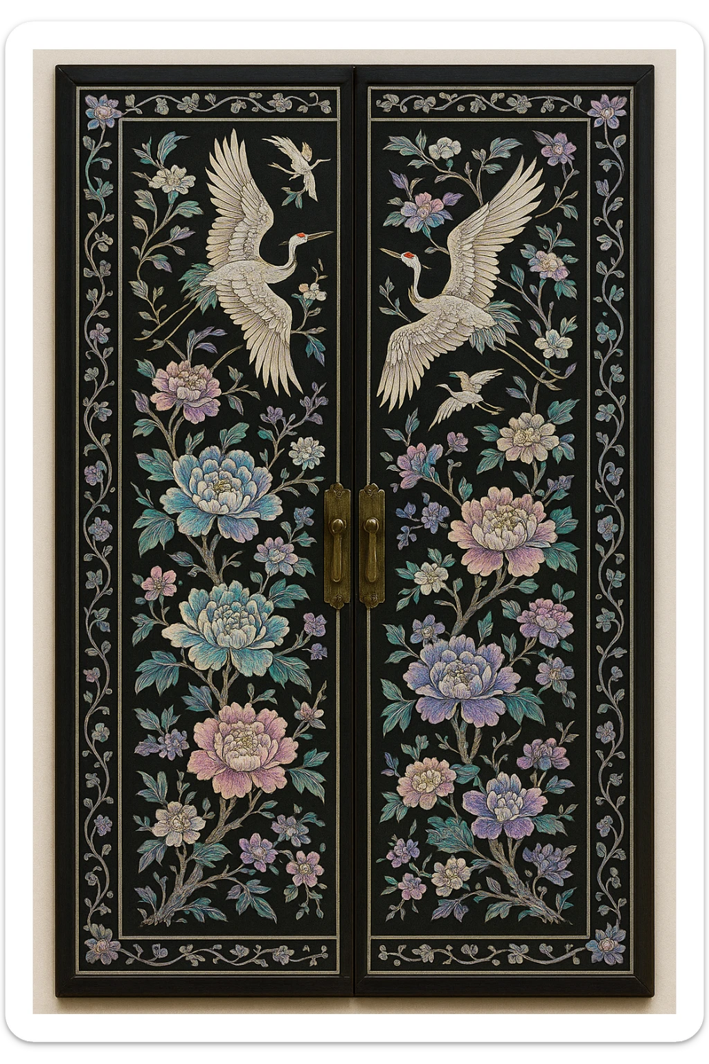 door in Korean mother-of-pearl art style, traditional flowers and crane patterns in lacquerware decoration, intricate and luxurious design sticker