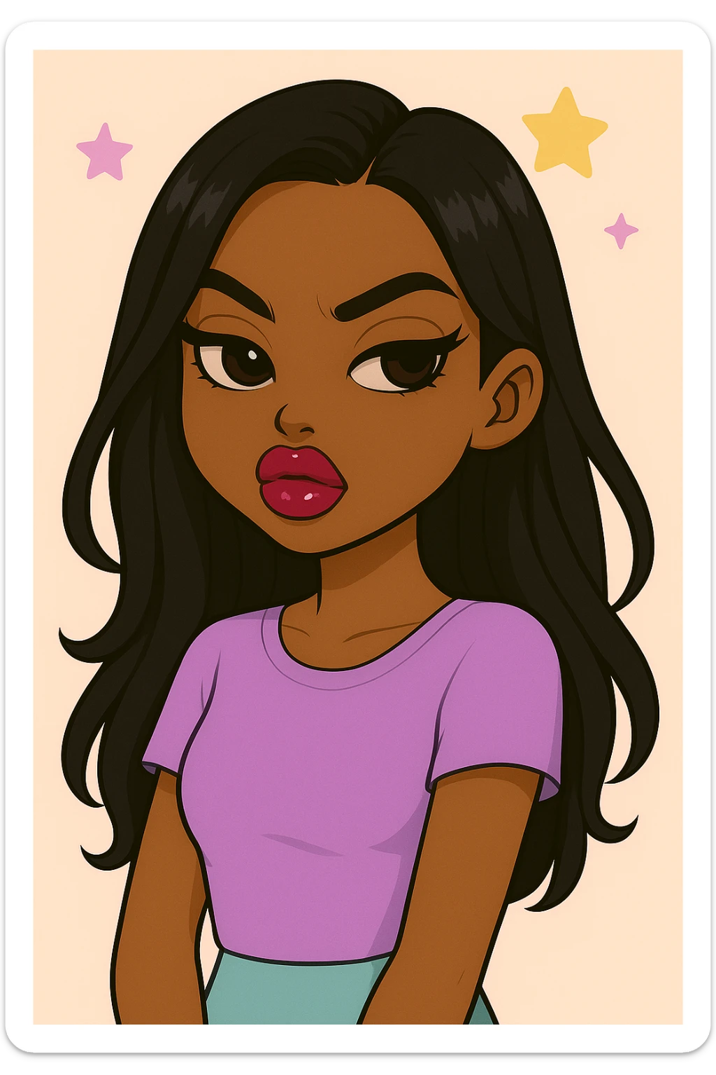 Headshot only of a 20-year-old anime Bratz style woman with dark skin and straight hair, wearing a cute pastel Y2K look. She has big expressive eyes, glossy lips, no hat, no tears, and a confident, aloof expression with a snooty attitude and her nose turned up. sticker