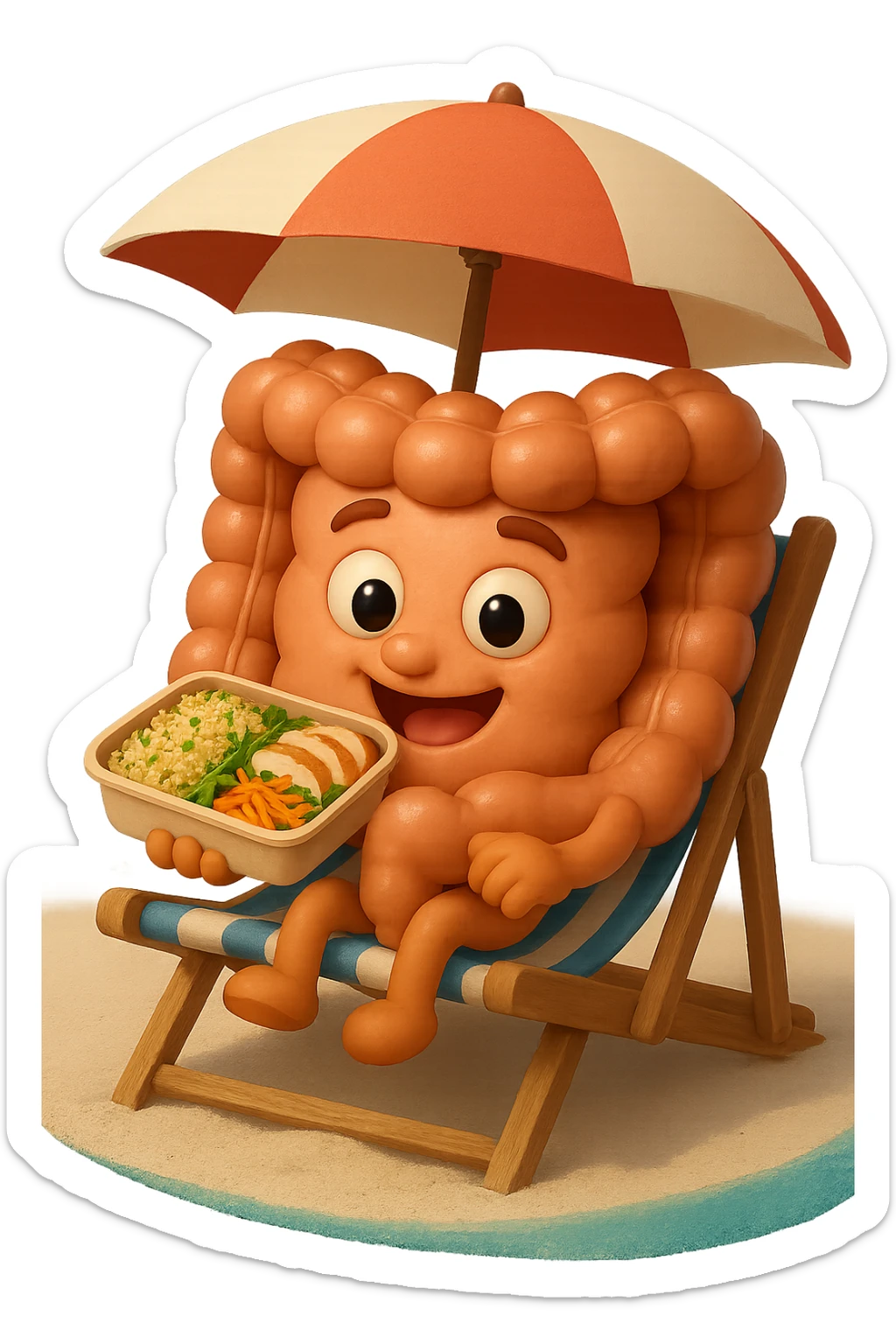 EMOJI STILE IPHONE DI INTESTINO IN SPIAGGIA SU UNA SPIAGGINA SOTTO L'OMBRELLONE CON IN MANO UNA SCHISCETTA DI Insalata di quinoa e pollo con rucola e carote, iperrealistica 4k sticker