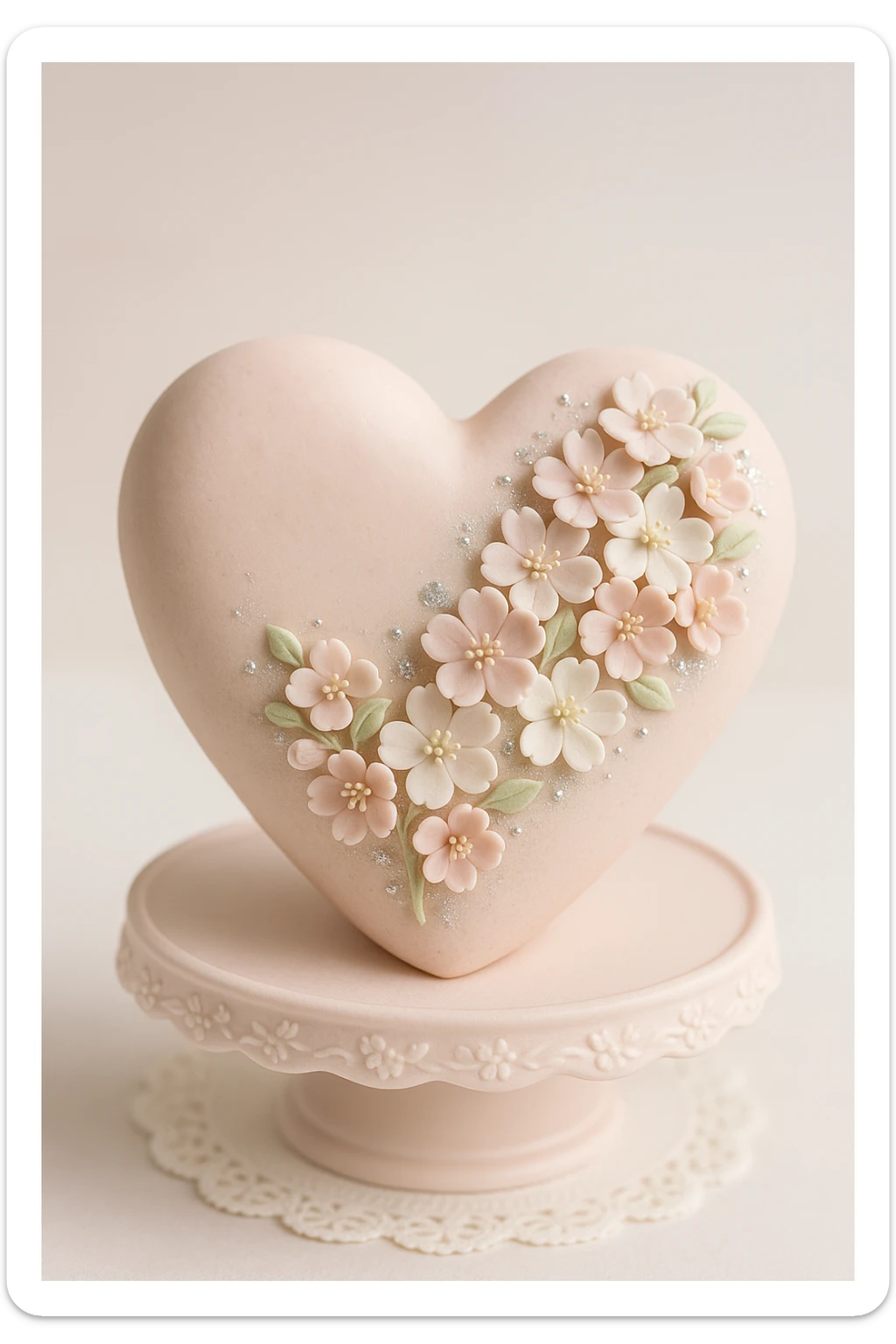 heart with sakura flowers and silver accents, fondant cake art style sticker