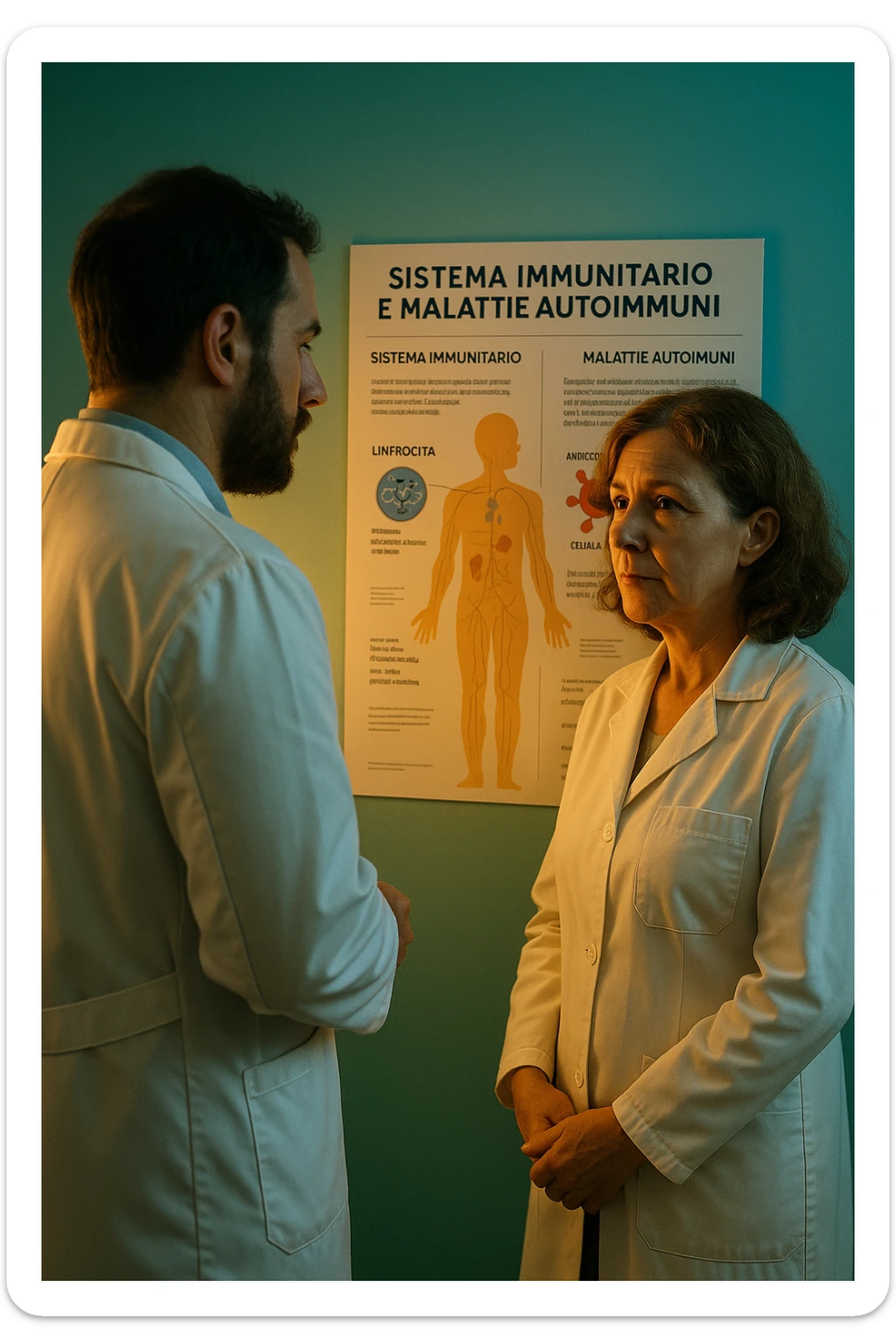 Foto tutta in italiano Realistic, detailed photo taken from behind of one doctor e un paziente —a bearded man and a middle-aged woman—standing and facing each other as they discuss an autoimmune disease diagnosis in front of a medical chart that displays information about the immune system and autoimmune conditions. The scene is illuminated by a yellowish, orange, warm light that softly envelops the doctors. The entire room is bathed in a single green-blue color, creating a cohesive and modern atmosphere. Both doctors wear white coats, and their body language suggests a serious, professional conversation about the complexities of autoimmune diseases. Shot with a Canon EOS R5, with high detail and natural depth of field. scritto in italiano sticker