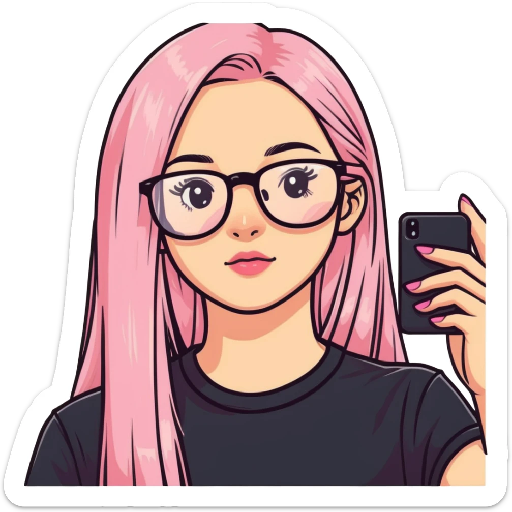 Teenage girl taking a selfie in a school bathroom. Long straight blonde hair with pink dye, rectangular glasses, black shirt, neutral expression with slightly glossy lips sticker