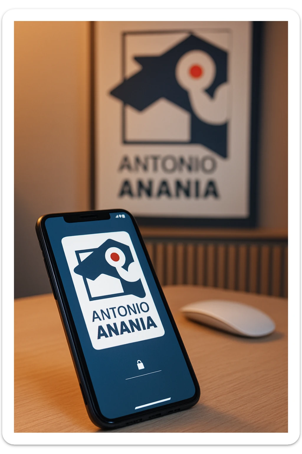A photo of an iPhone on the desk with the logo of "Antonio Anania" on its screen, The phone sits atop a desk with a blurred with the logo in the background that suggests work environment. A faint glow from above casts gentle shadows across the surface of each object, creating depth and highlighting their textures sticker