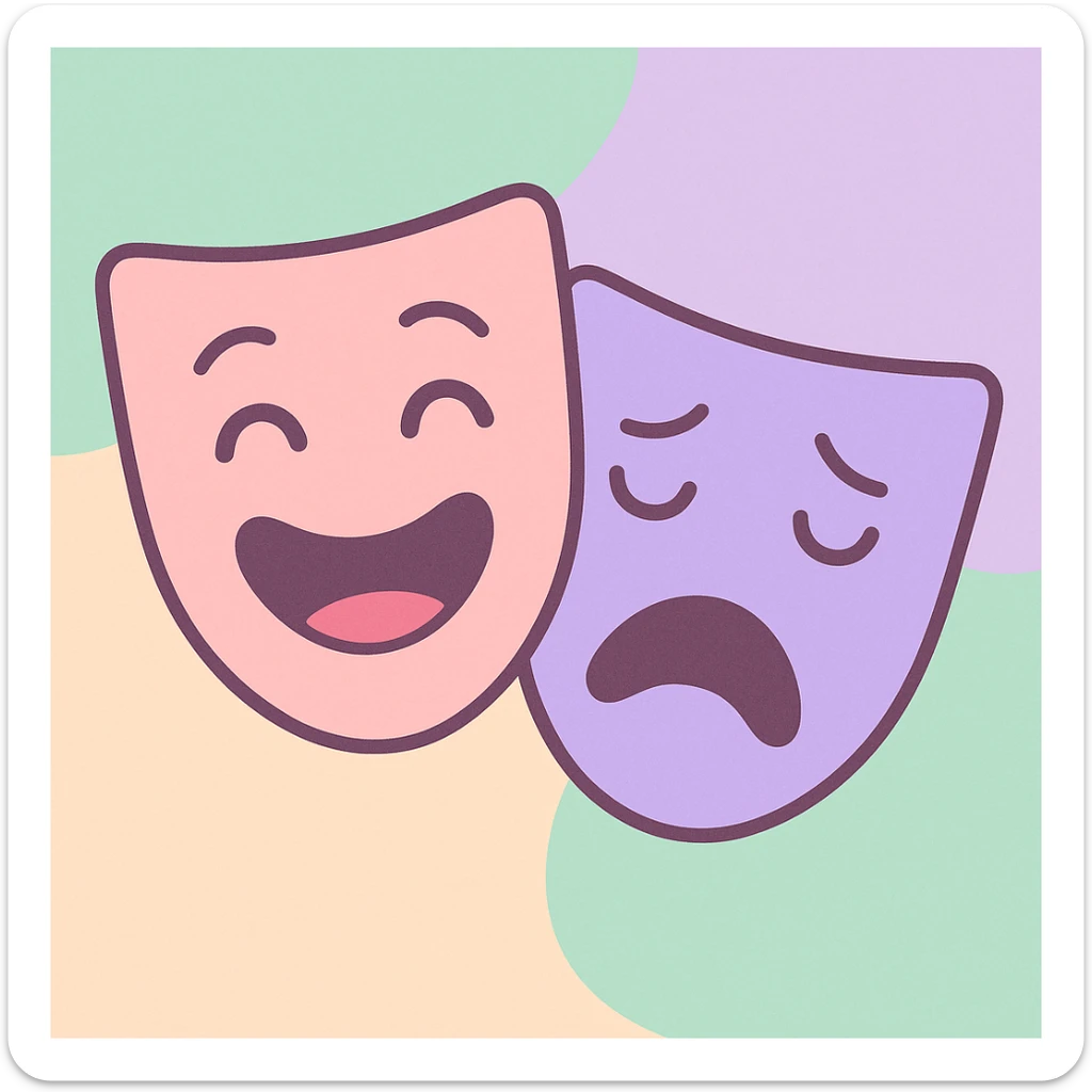 theatre mask icons comedy and tragedy in pastel pink lavender and mint, soft and friendly, modern illustration style sticker