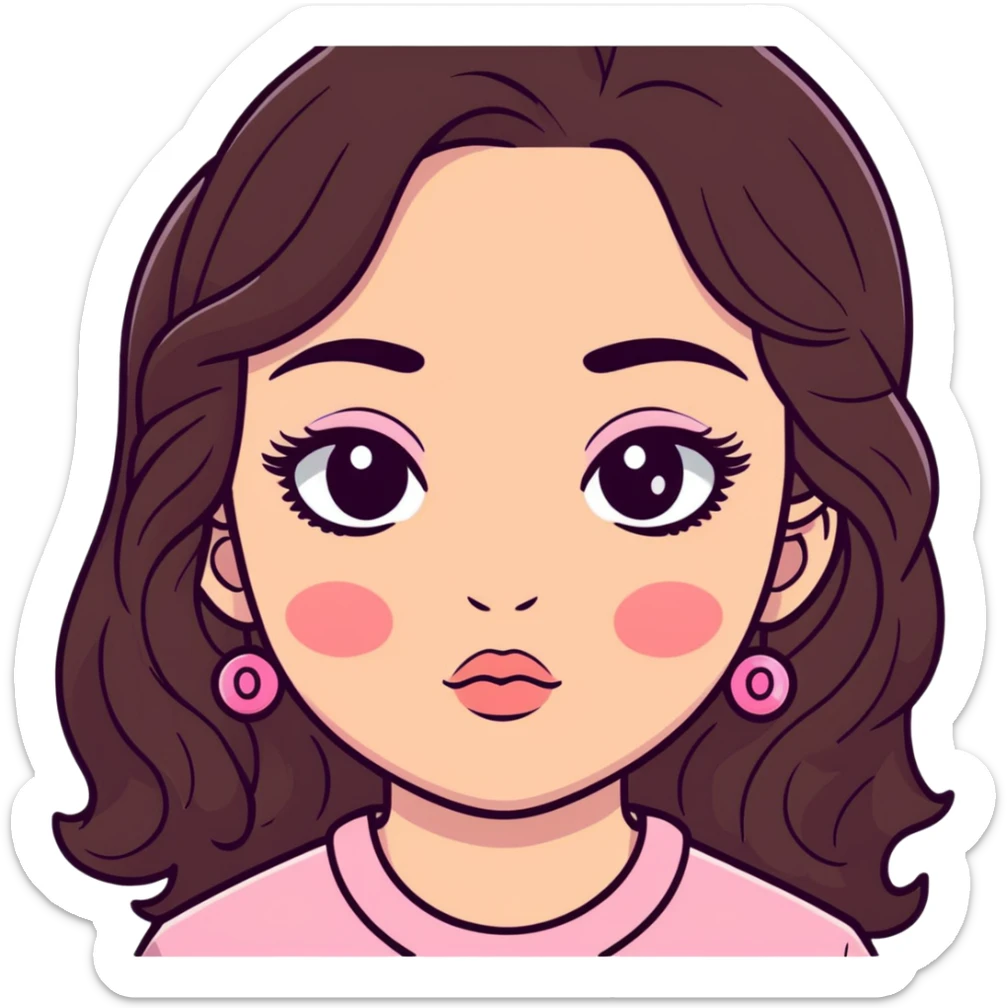 girl with light wheatish skin, dark brown long wavy hair, pouty shiny lips with berry lip gloss, large eyes with eyelashes, pink blush on cheeks, inner eye highlighted with white eyeliner, button nose sticker