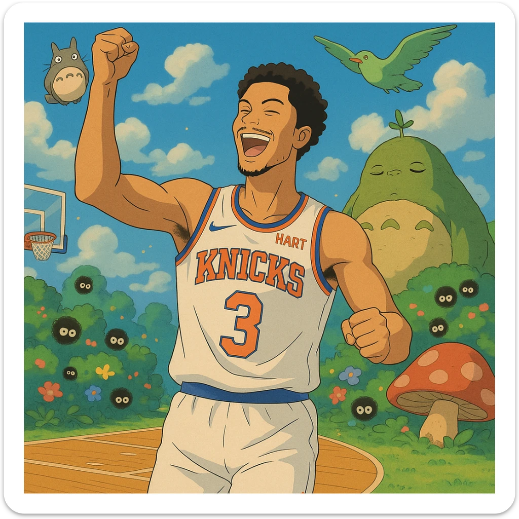 Josh Hart celebrating on the court in a Knicks jersey, surrounded by fantastical elements, Ghibli style sticker