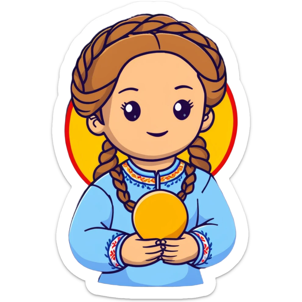 Ukrainian young girl with braided hair wearing traditional vyshyvanka embroidered shirt holding the sun in her hands sticker