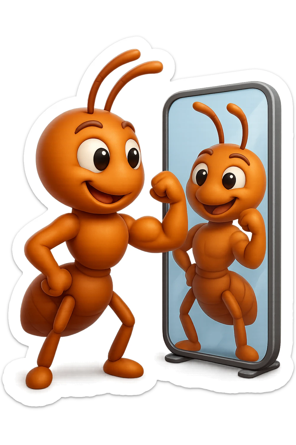 EMOJI STILE IPHONE 3D DI una formica che si guarda allo specchio felice e sicura di sè mentre contrae il suo bicipite muscoloso, fagli anche la parte bianca degli OCCHI, non solo la pupilla sticker