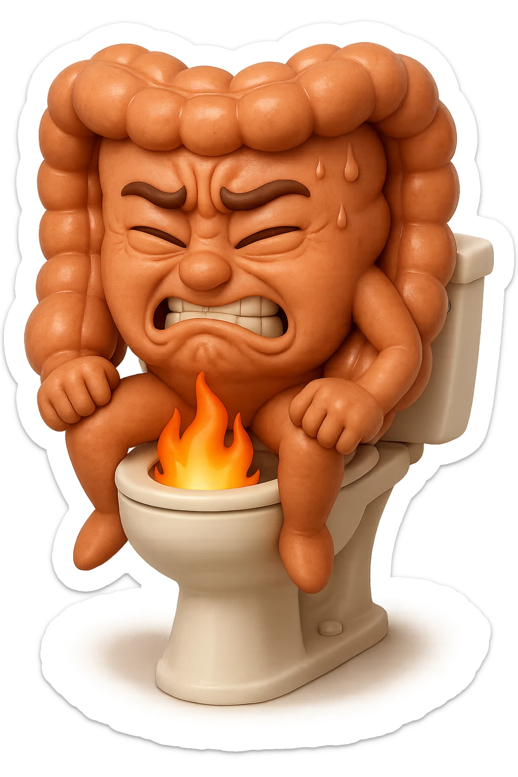 SU QUESTO STILE FAI UN EMOJI STILE IPHONE 3D DI UN INTESTINO CHE sta seduto sul wc e dal wc in mezzo alle sue gambe esce una fiamma stile emoji iphone, FAGLI UN ESPRESSIONE di dolore mentre si sforza E FALLO MOLTO REALISTICO IN 3D sticker