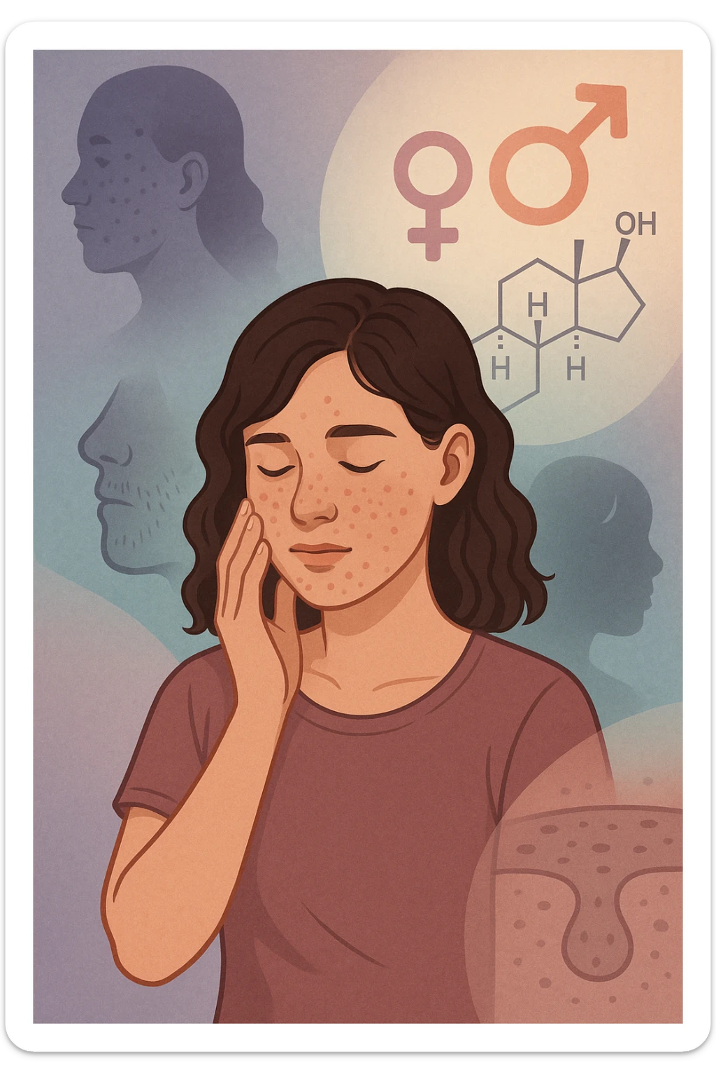 A young woman is surrounded by faint overlays of hormonal symbols and androgen molecules, with shadowy images of acne, facial hair, and oily skin projected around her, symbolizing the symptoms of PCOS with androgen excess. She looks down, gently touching her face with a resigned but hopeful expression, symbolizing her journey toward managing these symptoms. in italiano sticker