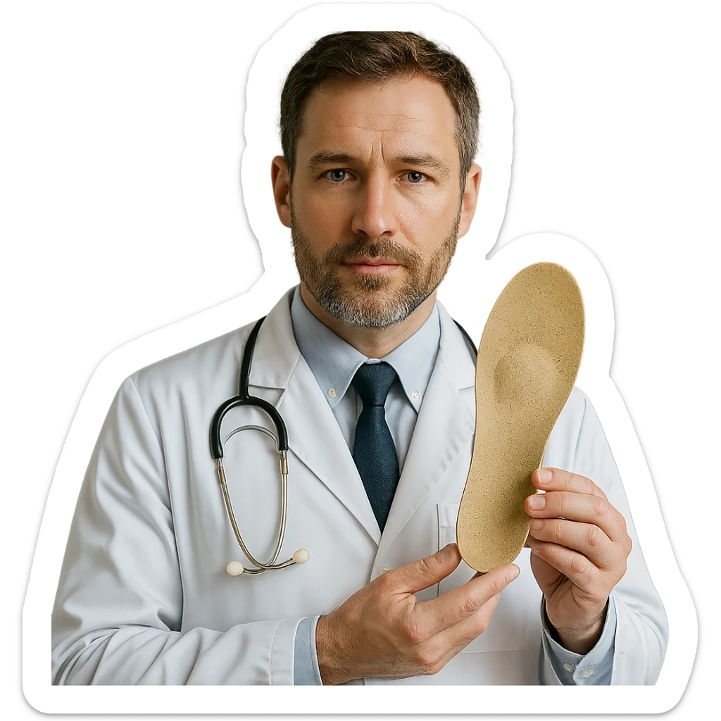 realistic orthopedic doctor holding an orthopedic insole, natural light, detailed face sticker