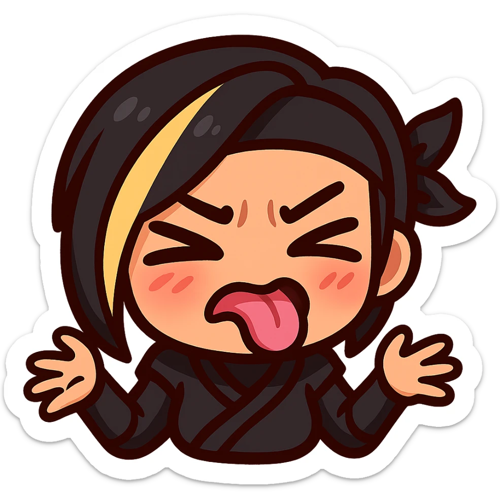 Sexy chibi ninja girl with black short hair and a blonde streak, only head and arms, colorful chibi style with bold outlines, transparent background, no mask, 'ew' expression with scrunched nose, tongue sticking out, and squinting eyes, sized for Twitch emoji use. sticker