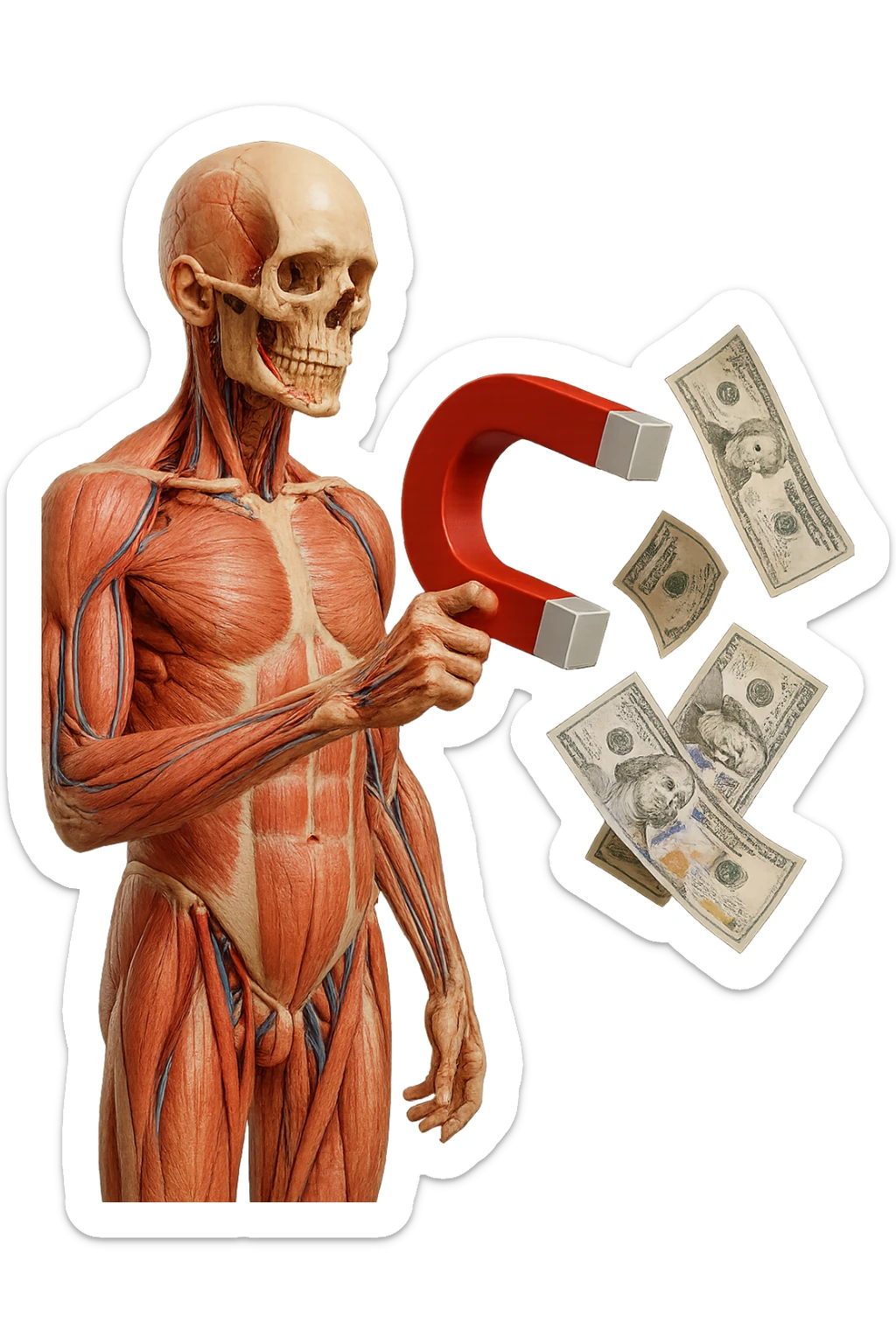 corpo umano anatomico con calamita rossa in mano che attira banconote, iperrealistica 4k, isolato su sfondo bianco sticker