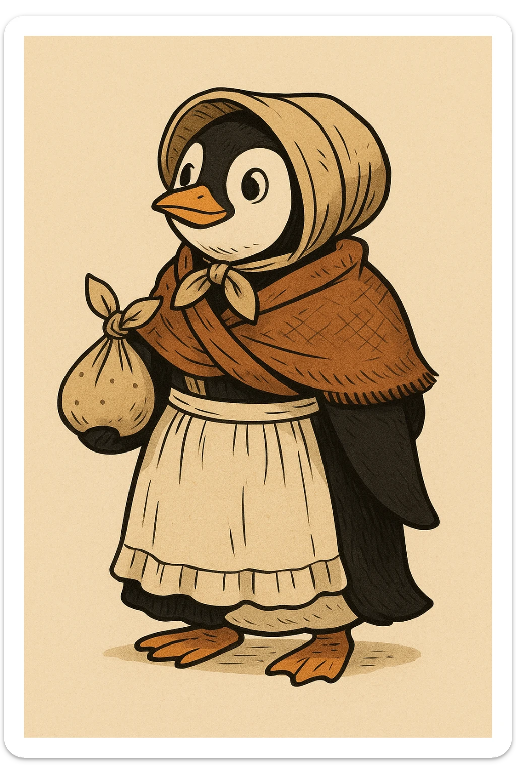 a cartoon penguin wearing 1800s pioneer attire, with a shawl and apron, carrying a small bundle, plain background sticker